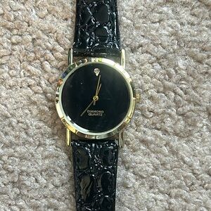 Women’s vintage gold/black diamond quartz adjustable leather‎ bracelet watch